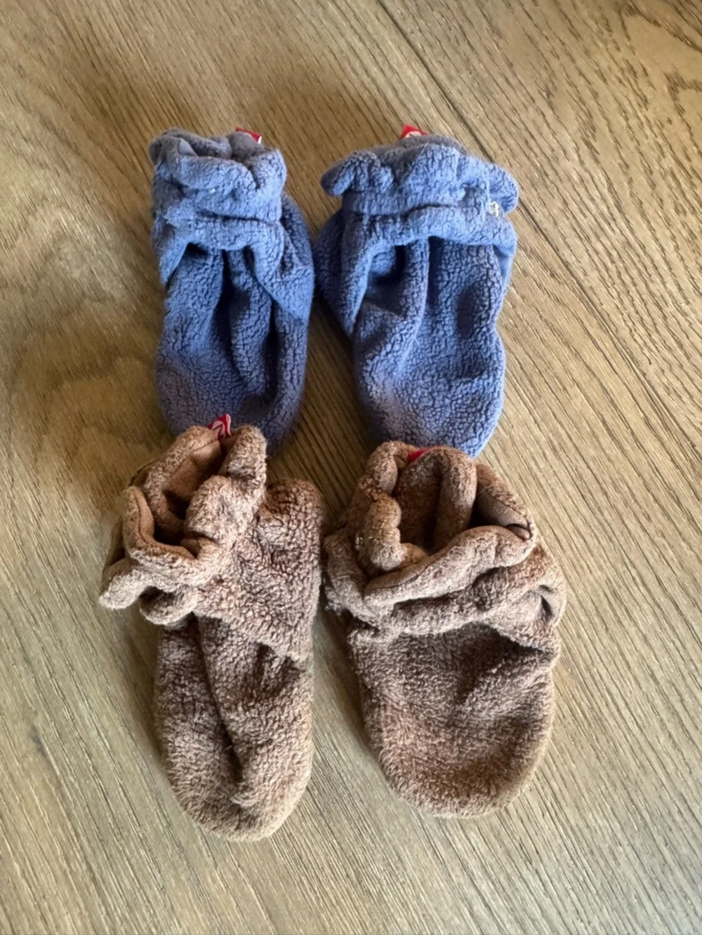 Plush Baby Booties - Blue and Brown Soft Fleece Slip-Ons